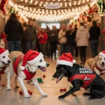 Adoptable dogs playing together with festive lights and a Santa hat near shelter signs and toys