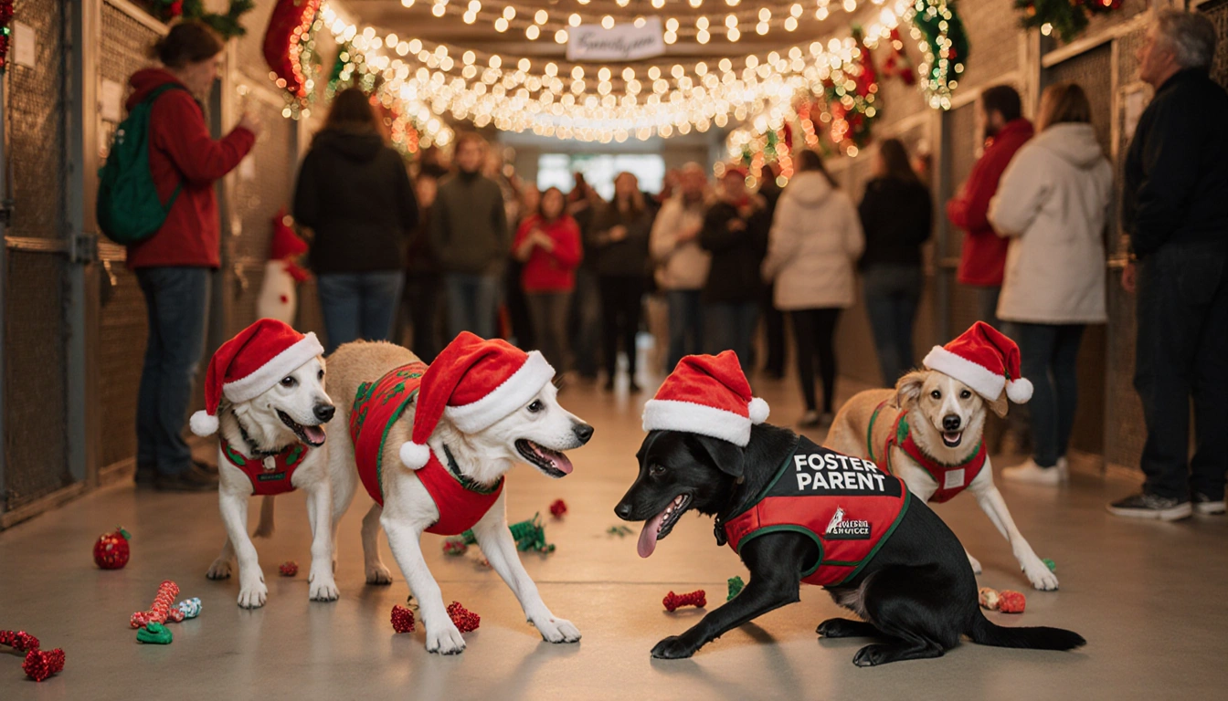 Adoptable dogs playing together with festive lights and a Santa hat near shelter signs and toys
