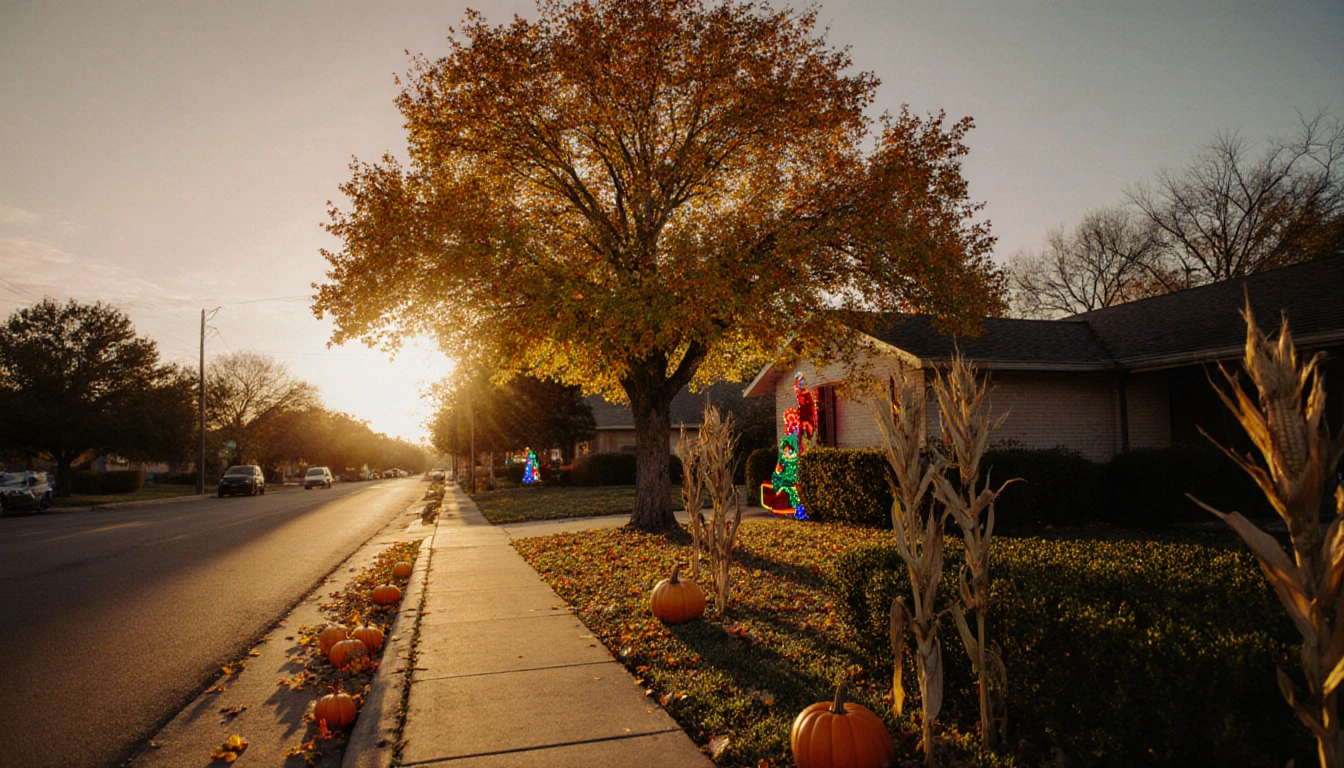 Oak tree standing tall with golden autumn leaves under a sunset sky