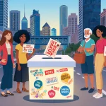 Diverse Austinites voting with a bright ballot box surrounded by colorful stickers and a city skyline in background.