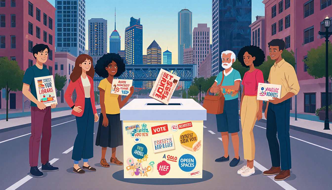 Diverse Austinites voting with a bright ballot box surrounded by colorful stickers and a city skyline in background.