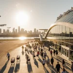 Travelers walking toward camera with luggage and airport terminal backdrop and planes taking off