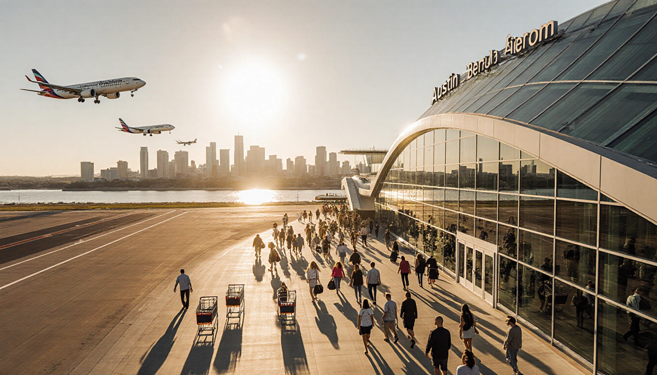 Travelers walking toward camera with luggage and airport terminal backdrop and planes taking off