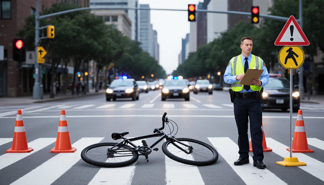 Police officer standing near a fallen bicycle on an Austin street with traffic cones and signs in view.