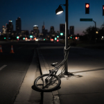 Bike lying on pavement with spotlight and cityscape backdrop.