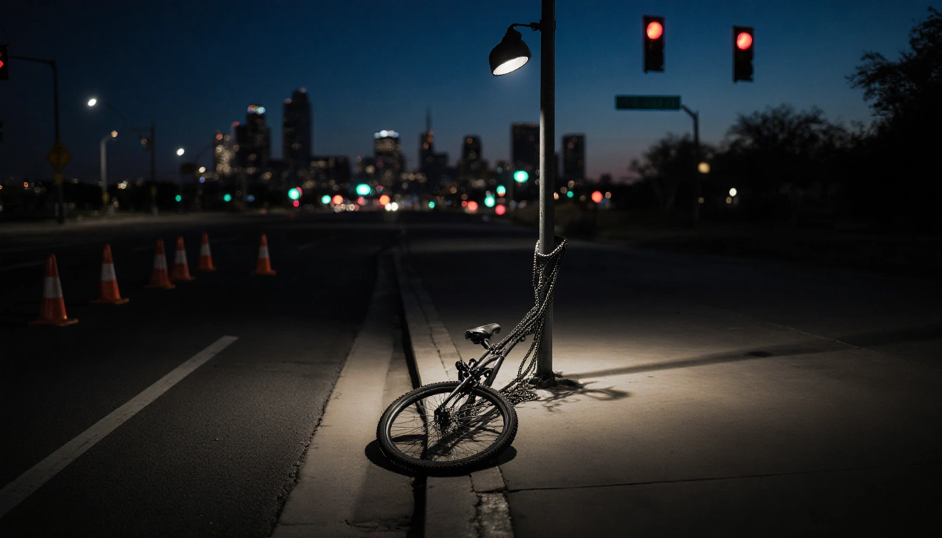 Bike lying on pavement with spotlight and cityscape backdrop.
