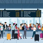 Passengers queueing at a busy check‑in counter with suitcases and travel documents and a digital wait‑time display