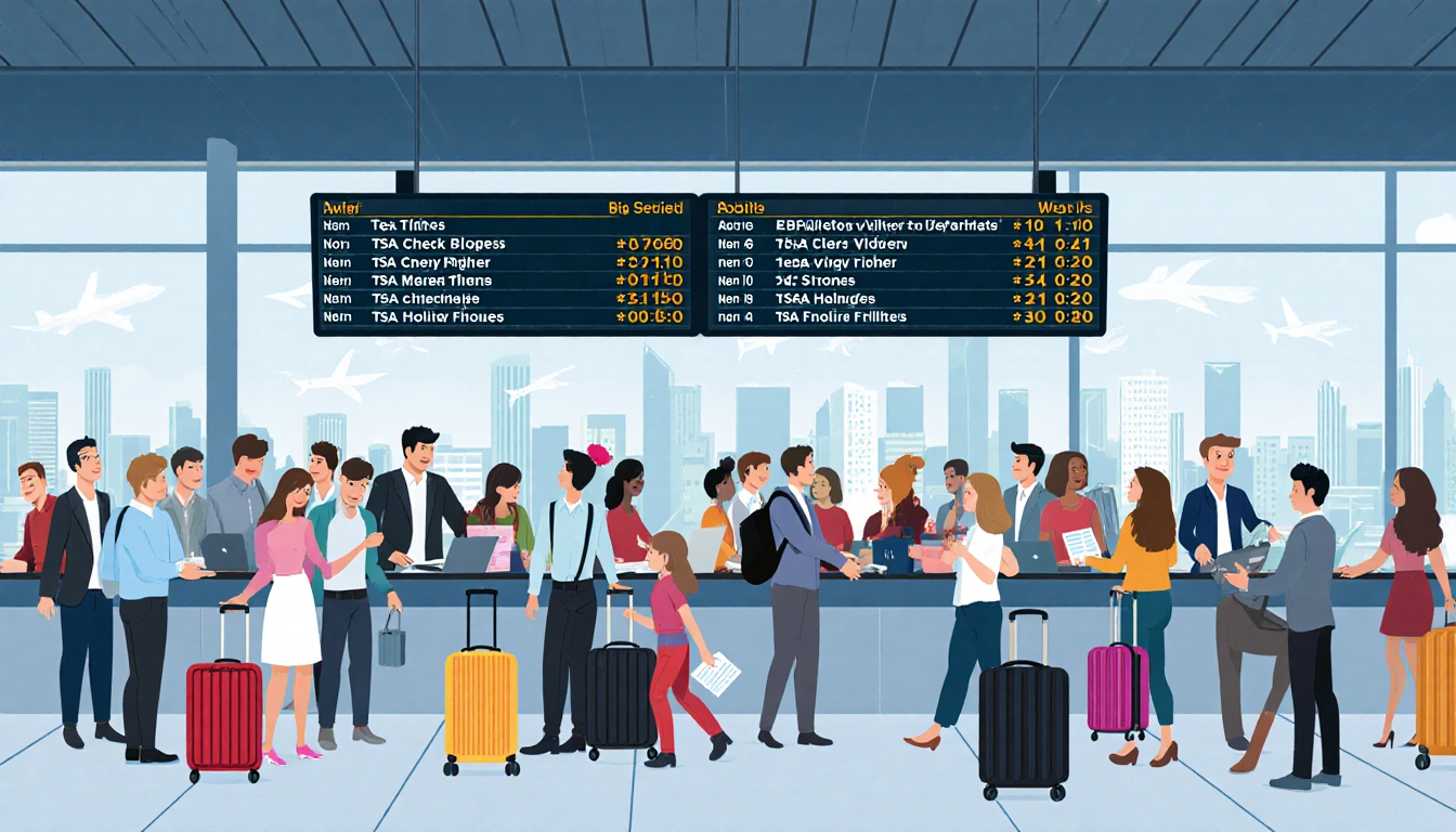 Passengers queueing at a busy check‑in counter with suitcases and travel documents and a digital wait‑time display