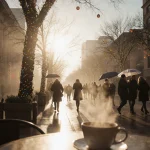 Coffee cup steams while early risers sip morning brew with warm sunlight filtering through fog over Austin street