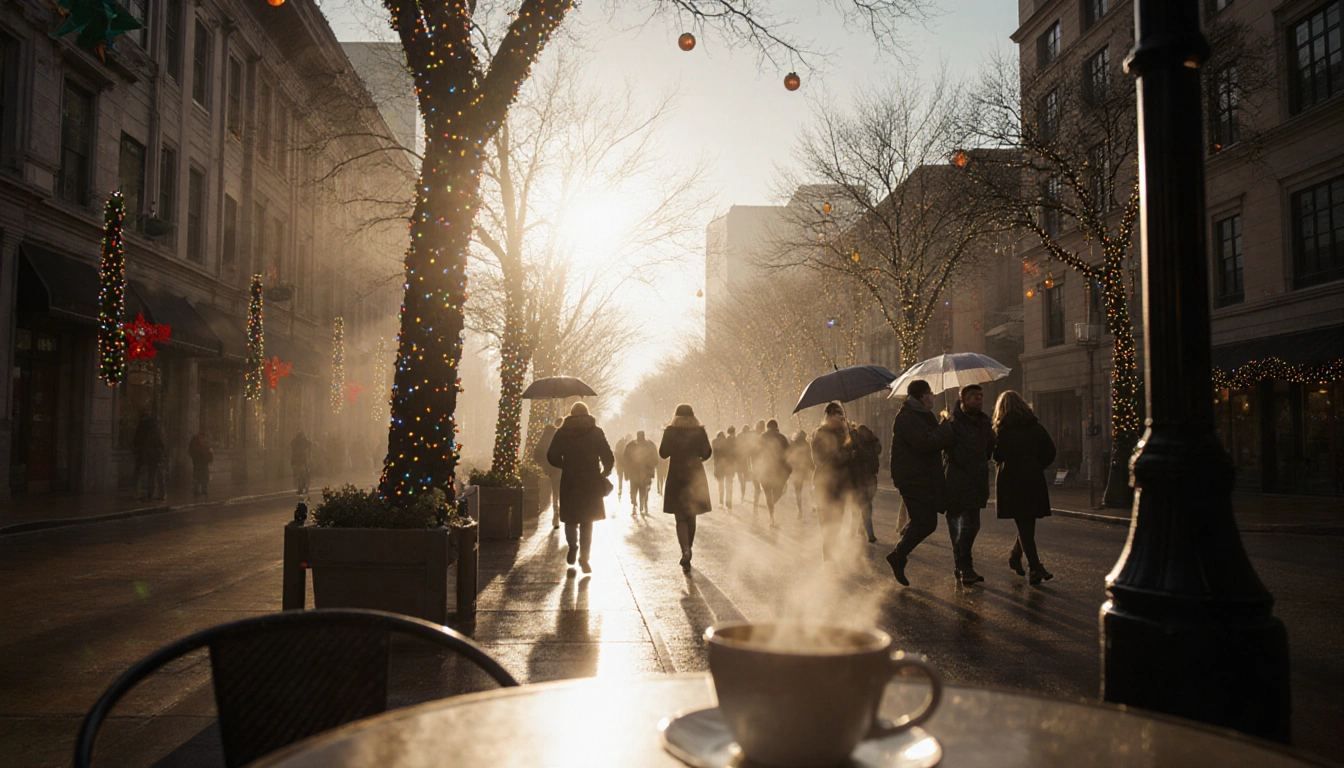 Coffee cup steams while early risers sip morning brew with warm sunlight filtering through fog over Austin street
