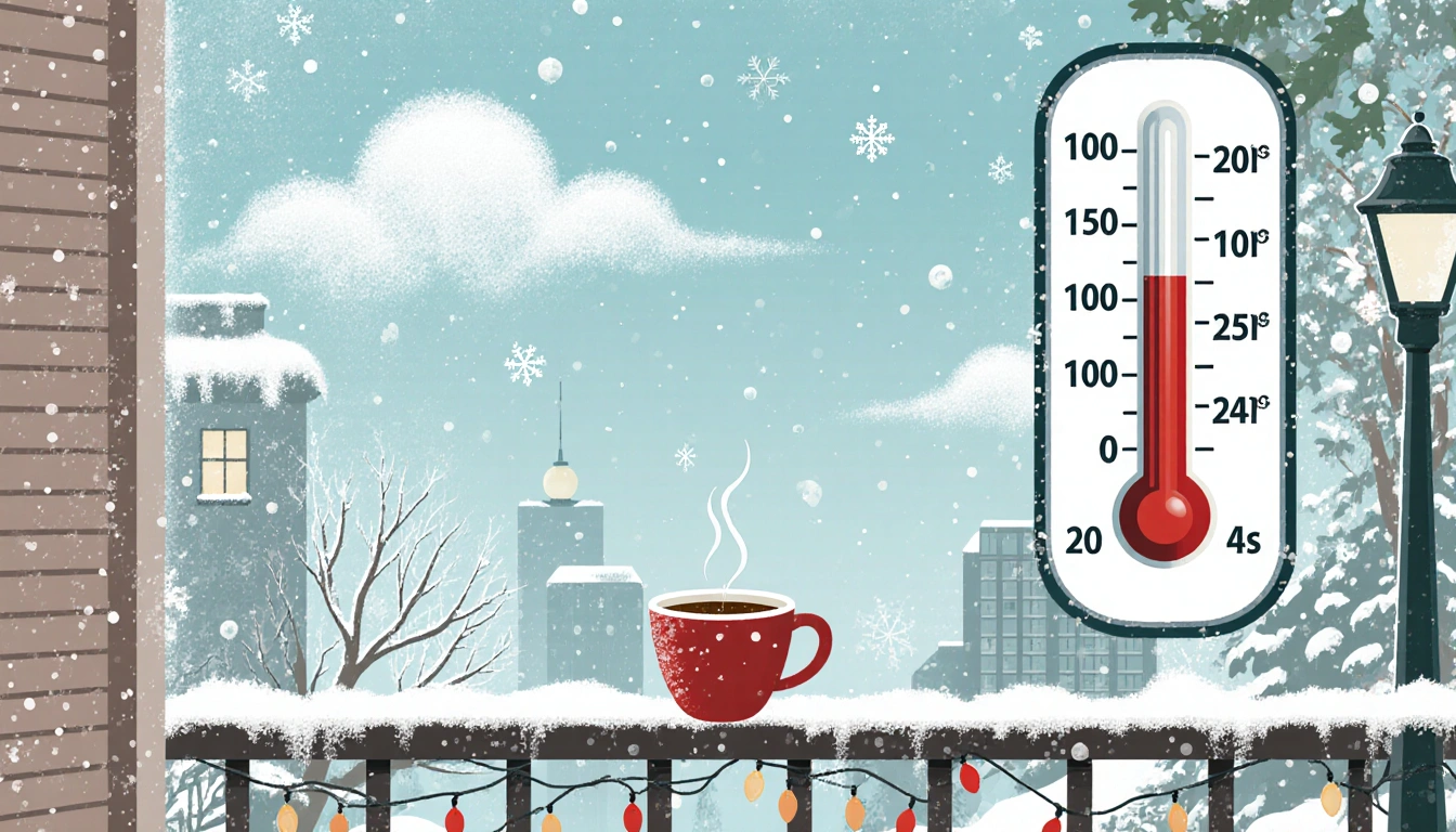 Coffee mug on Austin porch railing with windows and a thermometer reading 24°F amid falling snowflakes