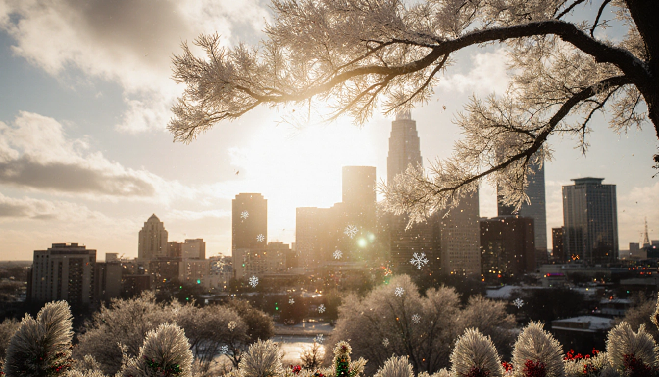 Frosty tree branch twinkling with Christmas lights under a sunny Austin sky with snowflakes falling and festive décor.