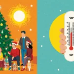 Person holds a thermometer showing 90°F and -12°F with a festive Christmas tree and sunny Austin backdrop
