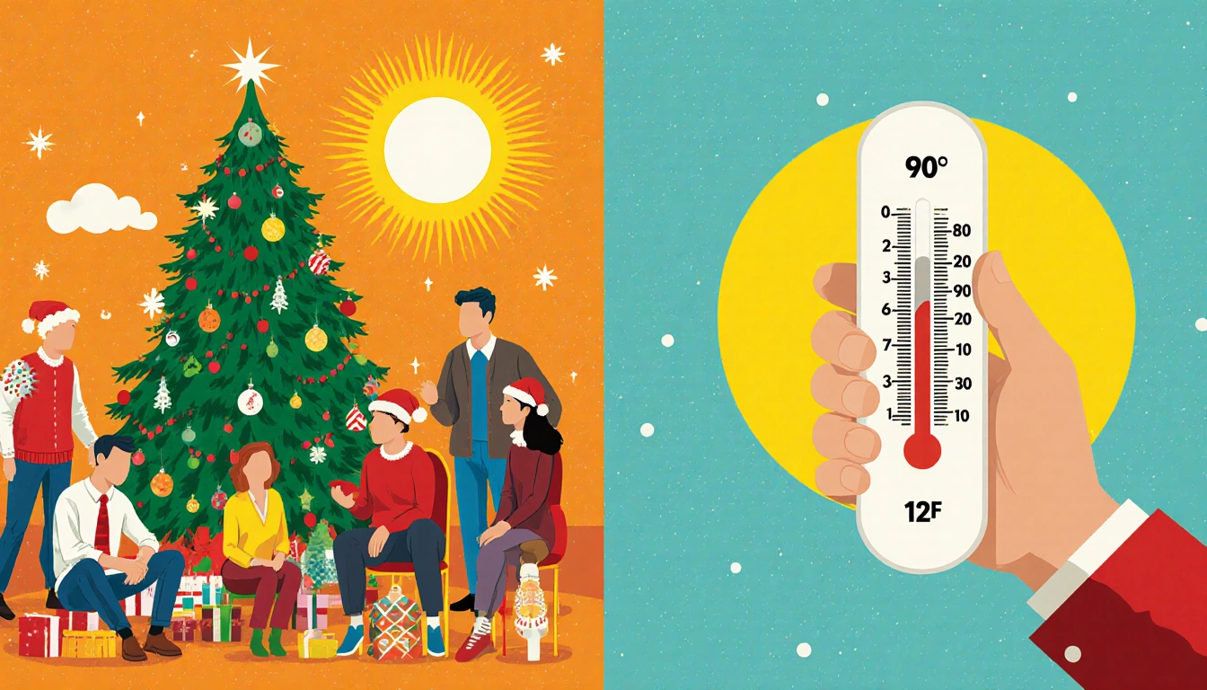 Person holds a thermometer showing 90°F and -12°F with a festive Christmas tree and sunny Austin backdrop
