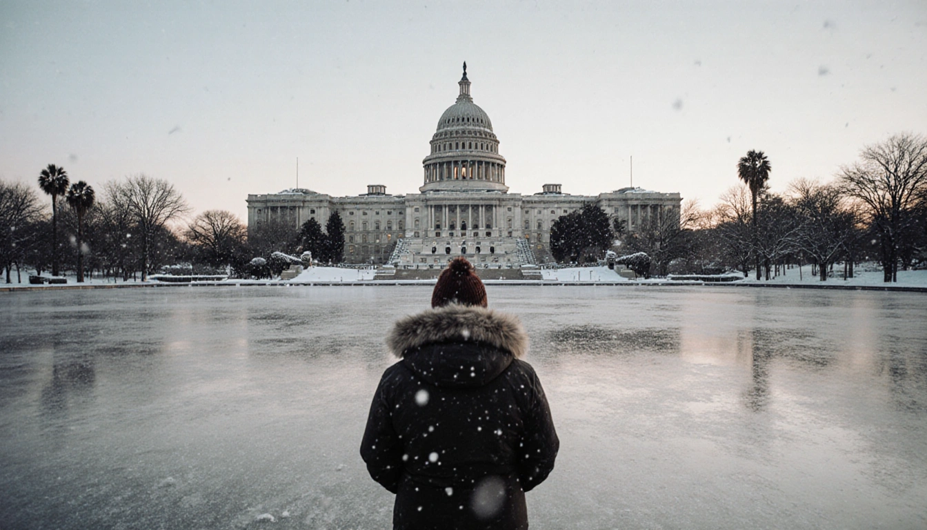 Figure standing at Lady Bird Lake with Texas Capitol in background and snowflakes falling