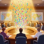 Council members discussing 2025 attendance with colorful data sparks and Austin district maps in a warm golden chamber