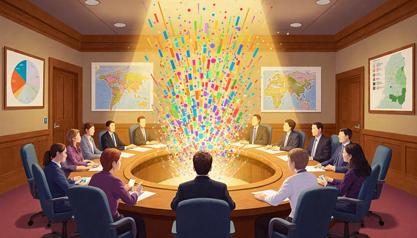 Council members discussing 2025 attendance with colorful data sparks and Austin district maps in a warm golden chamber