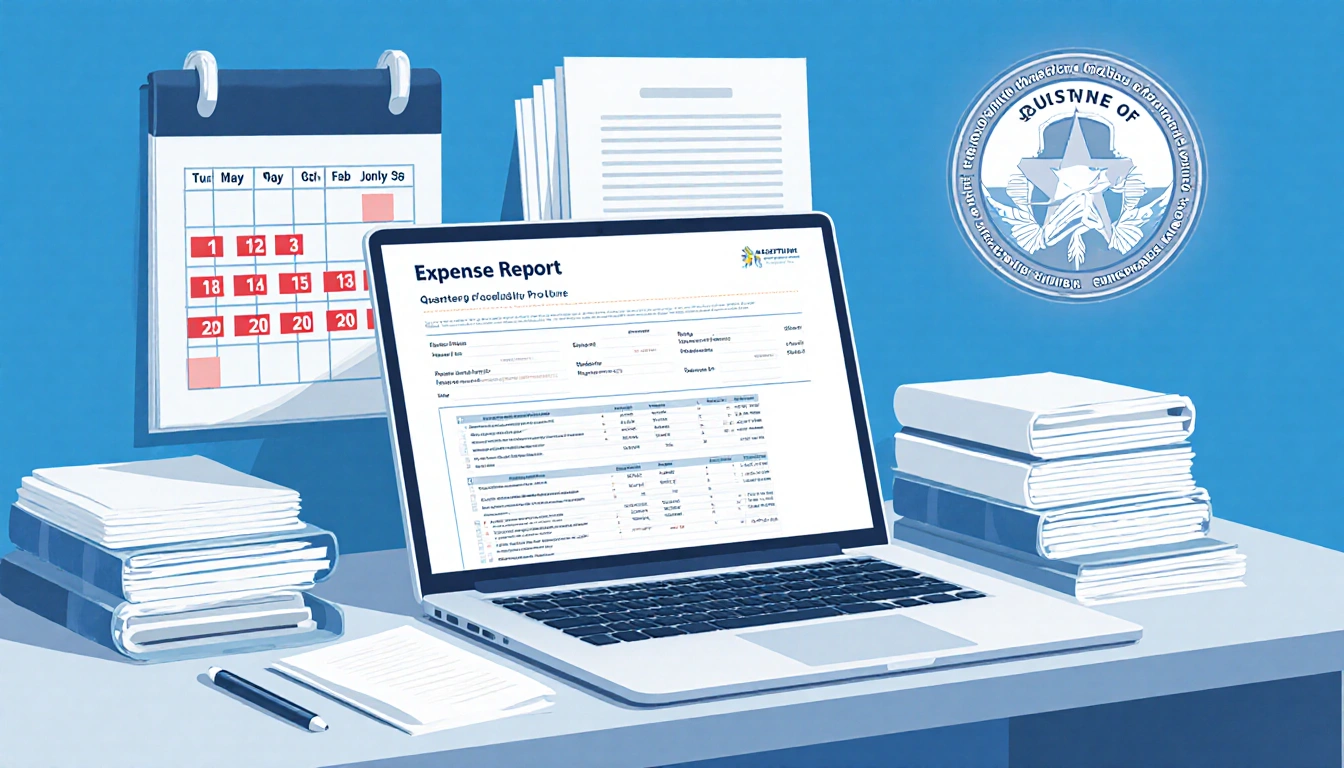 Austin city council office desk displays with laptop showing expense report and calendar marked with ProCard dates