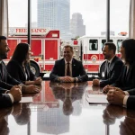 City council members shaking hands with firefighters beside fire truck outside windows and city map reflected on floor.