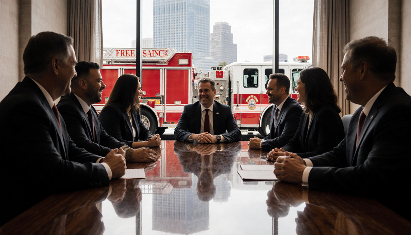 City council members shaking hands with firefighters beside fire truck outside windows and city map reflected on floor.