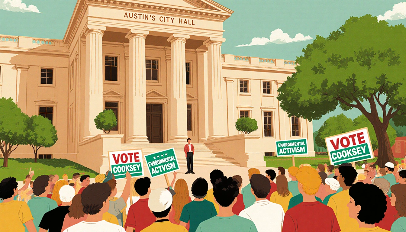 Cooksey standing on city hall steps looking out at a crowd with signs for Vote Cooksey and green activism amid lush greenery