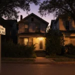 Austin home with front door ajar and dusk light, with mixed style homes on tree‑lined street, MLS data on sign.
