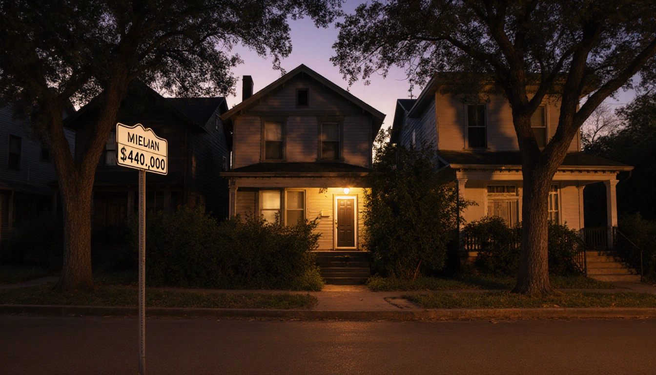 Austin home with front door ajar and dusk light, with mixed style homes on tree‑lined street, MLS data on sign.