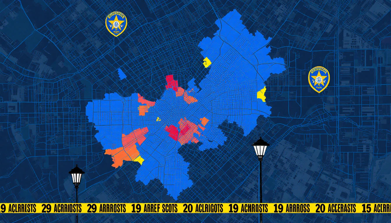 Map illustrates Austin crime hotspots with bright red zones and police badges on a dark blue backdrop
