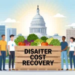 Community members gather around a crate overflowing with fresh produce near the Texas State Capitol under soft light Austin