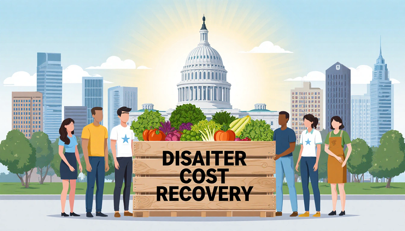 Community members gather around a crate overflowing with fresh produce near the Texas State Capitol under soft light Austin