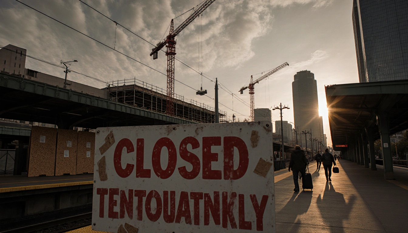 Commuters walking away from boarded-up platform with Closed Temporarily sign and cranes in background.