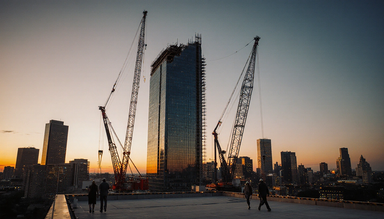 Partially completed high-rise tower looms over Austin skyline at dusk with idle cranes and golden streetlights.
