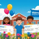 Three smiling elementary school students hold large checks and balloons in front of their schools with flowers and blue sky
