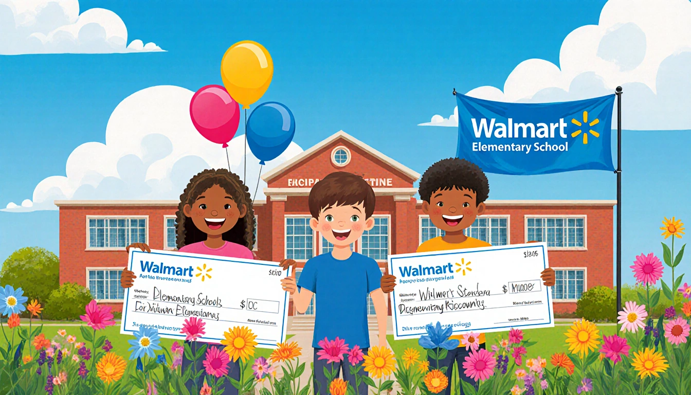 Three smiling elementary school students hold large checks and balloons in front of their schools with flowers and blue sky