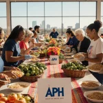 Volunteers serving food bank meals with families and fresh produce tables under bright blue Austin sky