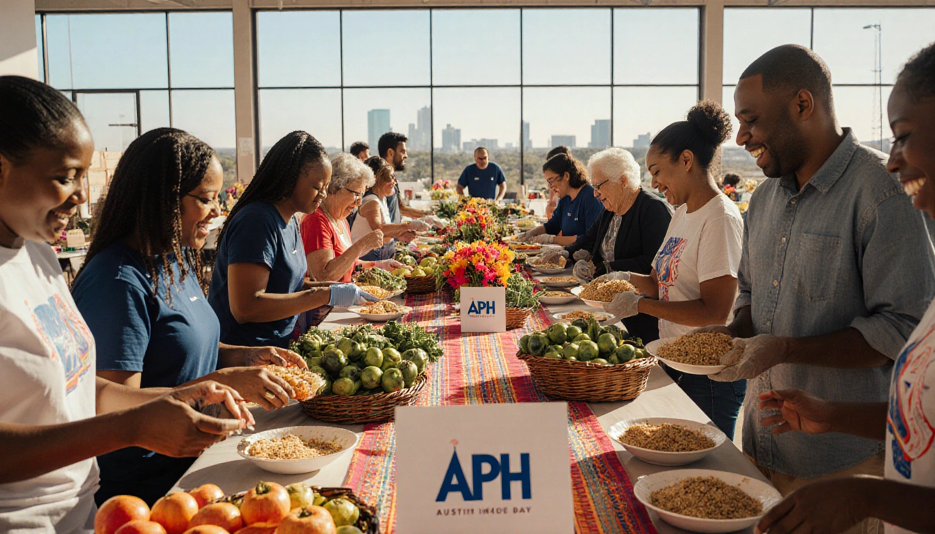 Volunteers serving food bank meals with families and fresh produce tables under bright blue Austin sky