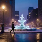 Pedestrian walking down Austin street at dusk with warm streetlamp glow and frozen fountain in background