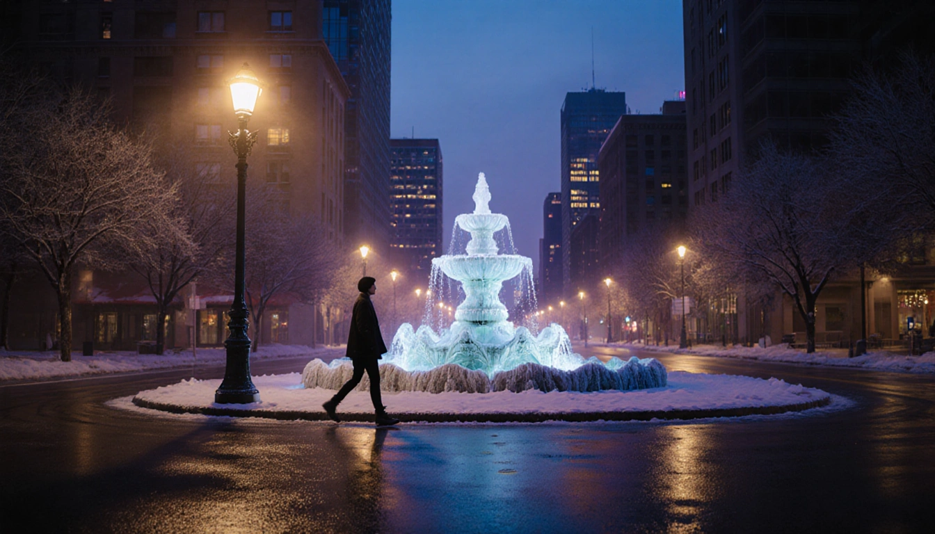 Pedestrian walking down Austin street at dusk with warm streetlamp glow and frozen fountain in background