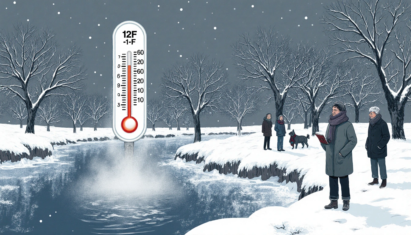 People bundled up walking beside frozen Lake Travis with snow-covered trees and a 12°F thermometer.