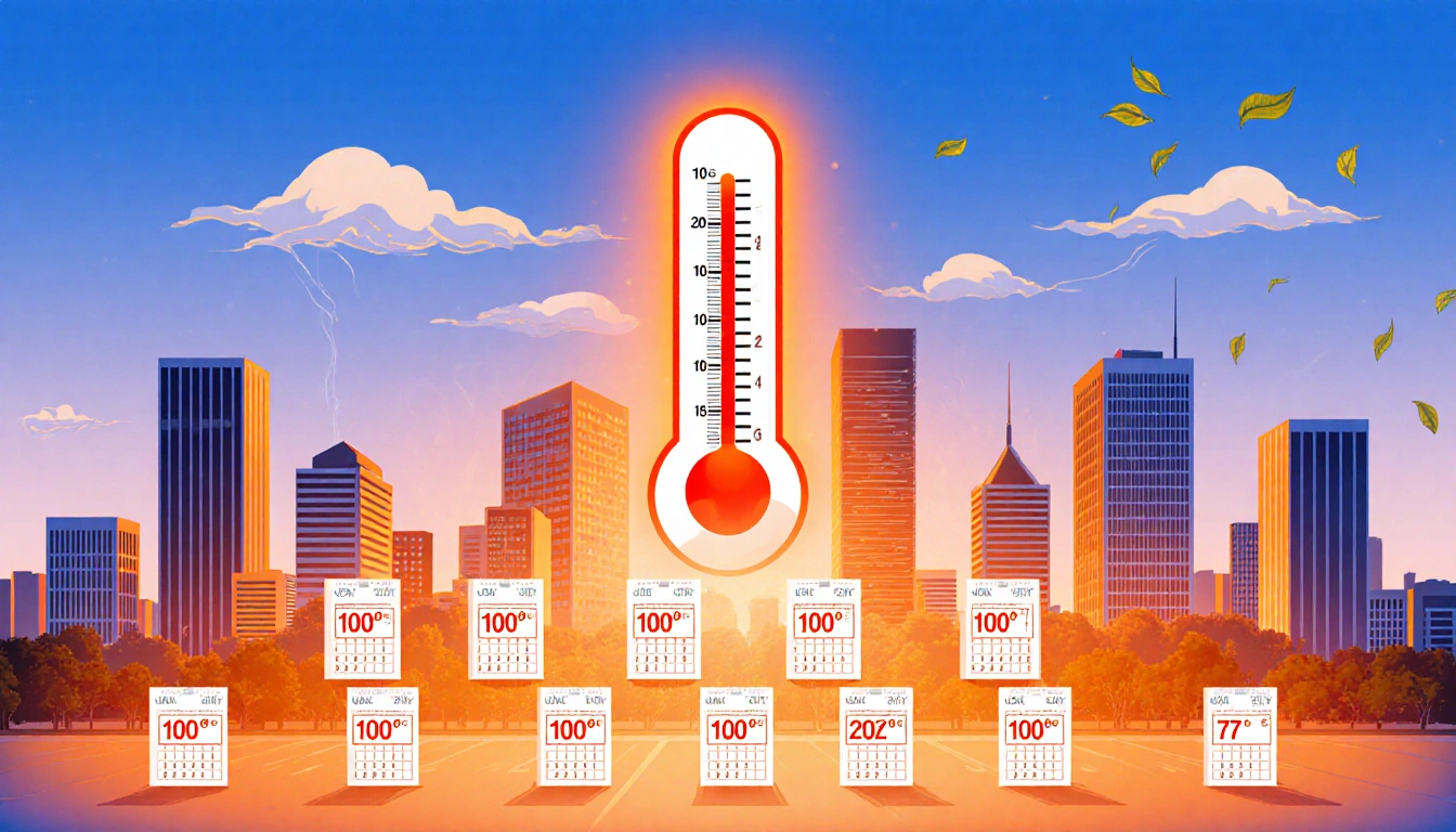 Stacked rectangles depicting record high temperatures in Austin with orange glow from rising thermometer and subtle clouds.