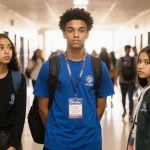 Student ambassador stands confidently in school hallway with supportive peers and a blurred crowd of students in background
