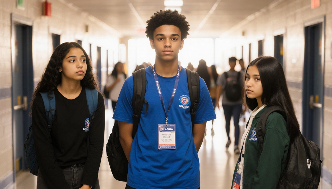 Student ambassador stands confidently in school hallway with supportive peers and a blurred crowd of students in background