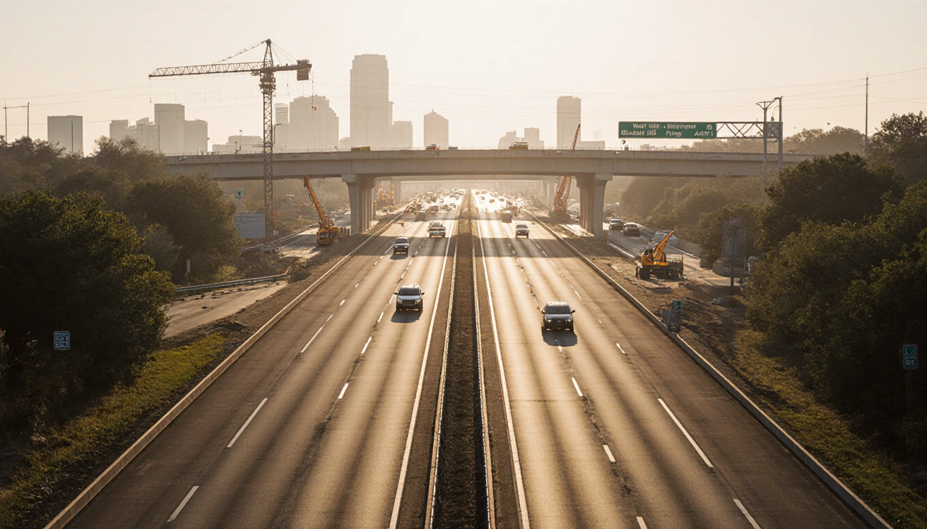 Cars cruising on Austin highway with warm morning light and construction cranes at Westlake & Cedar