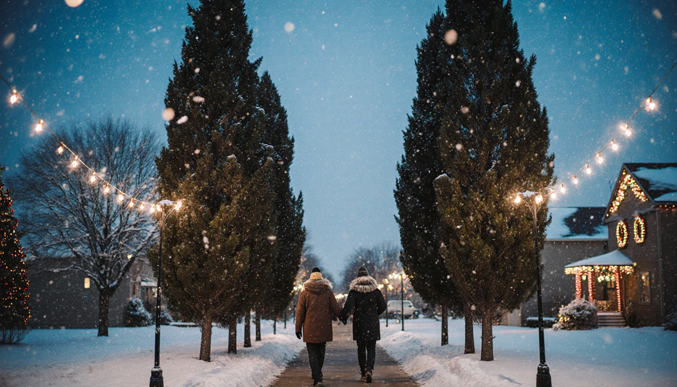 Three pedestrians walking down an Austin street with string lights and a snow-covered sidewalk