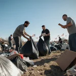 Volunteers hauling trash bags from cleared Austin campsite with bright blue sky and distant American flags.