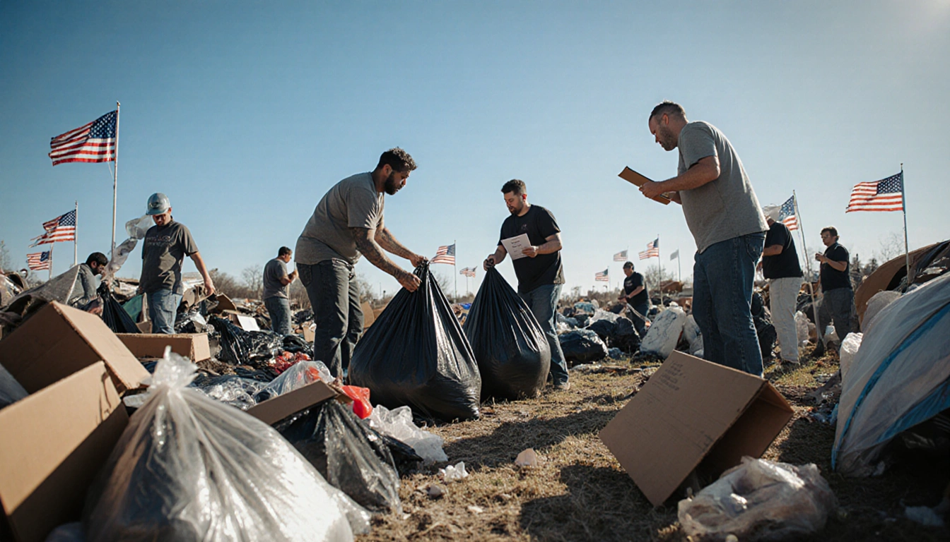 Volunteers hauling trash bags from cleared Austin campsite with bright blue sky and distant American flags.