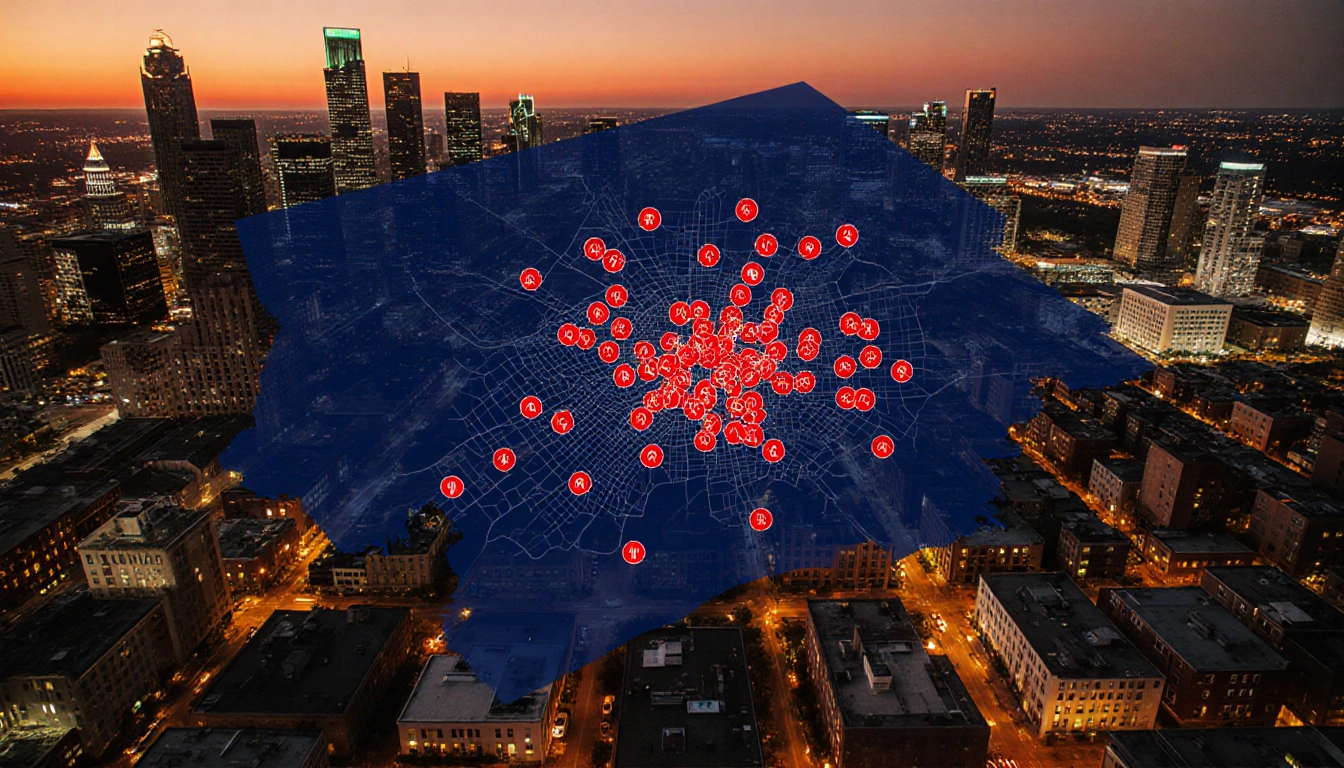 Austin skyline displays 54 homicide hotspots on map overlay with police lights at dusk