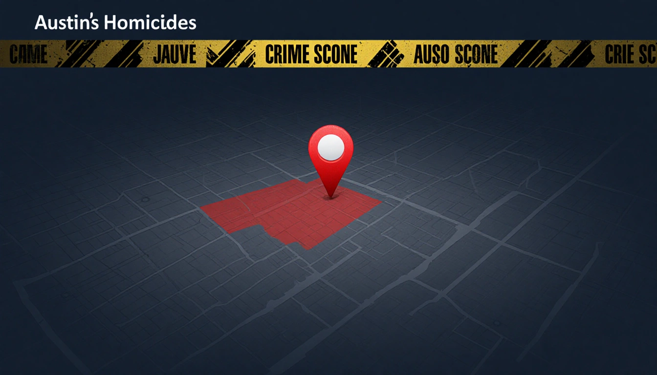 Map of Austin shows red pin marking January 2025 homicides with dark blue night background and subtle crime tape texture.