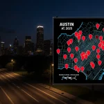 Stylized Austin map displaying 52 red pins of homicides across neighborhoods with police lights glowing over dusk cityscape.
