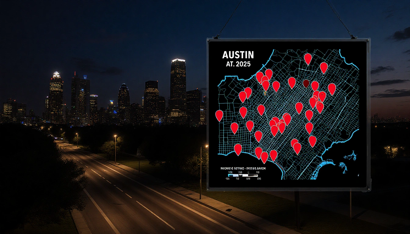 Stylized Austin map displaying 52 red pins of homicides across neighborhoods with police lights glowing over dusk cityscape.